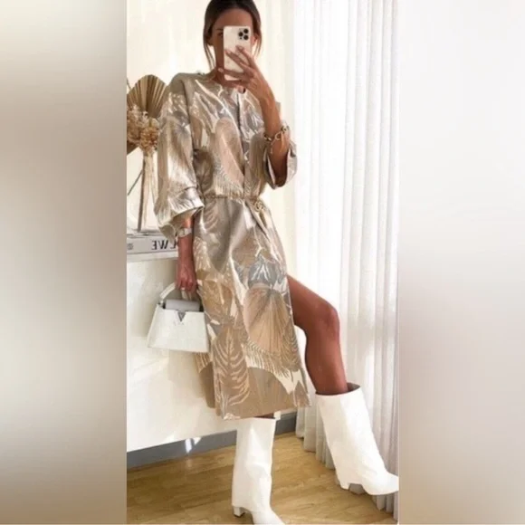 Zara Long Cardigan Coat Coatigan Duster in floral, gold print NWOT Size M - Picture 2 of 14